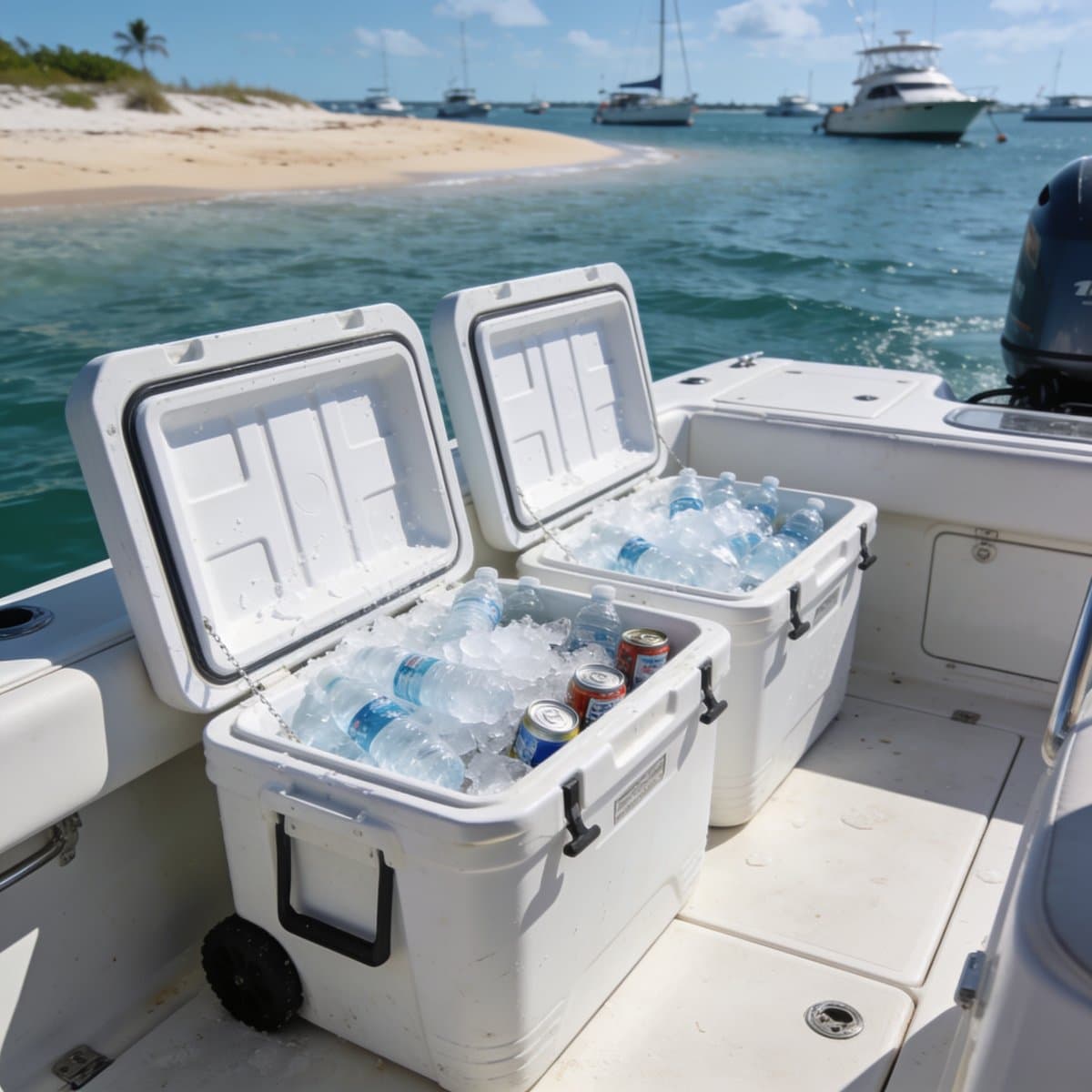 Two open coolers full of ice and bottled water on the boat deck
