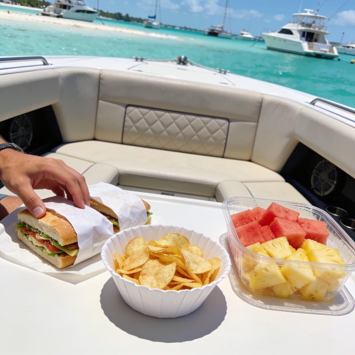 Wrapped sandwiches, chips and cut fruit laid out on the boat at the sandbar