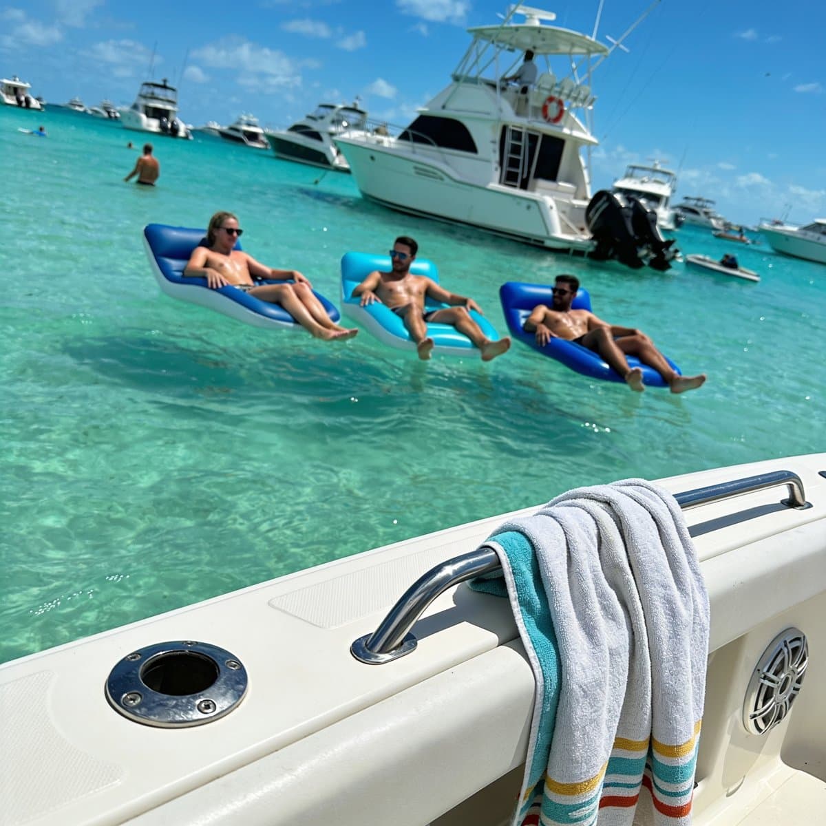 Friends floating on inflatable loungers in clear water at the sandbar, boats anchored behind
